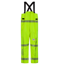 A pair of high-visibility fluorescent yellow overalls with reflective strips, black suspenders, and arc-flash rated protection, specifically the Overall, High-Visibility FR/ARC Rated, US Markings, Regular, 706F-BL by Lac-Mac, Limited.