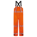 Bright orange high-visibility waterproof dungarees with reflective silver stripes, black suspenders, and GORE-TEX PYRAD fabric for added durability. Product Name: Overall, High-Visibility FR/ARC Rated, US Markings, Regular, 706F-BL. Brand Name: Lac-Mac, Limited.