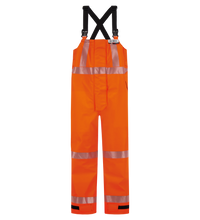 Bright orange high-visibility waterproof dungarees with reflective silver stripes, black suspenders, and GORE-TEX PYRAD fabric for added durability. Product Name: Overall, High-Visibility FR/ARC Rated, US Markings, Regular, 706F-BL. Brand Name: Lac-Mac, Limited.