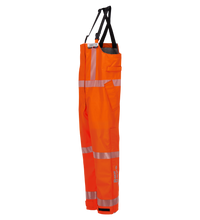 Bright orange Lac-Mac, Limited Overall, High-Visibility FR/ARC Rated, US Markings, Regular, 706F-BL with reflective stripes, hanging on a hook. Equipped with multiple pockets and adjustable straps.