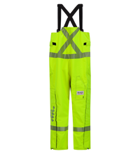 A pair of bright yellow waterproof overalls with black suspenders and reflective strips, designed for high-visibility and safety, offering protective wear that’s also arc-flash rated. 

Replaced Sentence: The Lac-Mac Limited Overall, High-Visibility FR/ARC Rated, Canadian Markings, Regular, 706F-BU is a pair of bright yellow waterproof overalls with black suspenders and reflective strips, designed for high-visibility and safety.