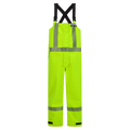 High-visibility yellow bib overalls with reflective stripes, black adjustable suspenders, and arc-flash rated protective wear. Introducing the Overall, High-Visibility FR/ARC Rated, Canadian Markings, Regular, 706F-BU from Lac-Mac, Limited.