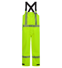 High-visibility yellow bib overalls with reflective stripes, black adjustable suspenders, and arc-flash rated protective wear. Introducing the Overall, High-Visibility FR/ARC Rated, Canadian Markings, Regular, 706F-BU from Lac-Mac, Limited.