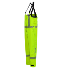 A Lac-Mac, Limited Overall, High-Visibility FR/ARC Rated, Canadian Markings, Regular, 706F-BU made from Gore-Tex Pyrad fabric with reflective stripes and multiple pockets, hanging from black suspenders.