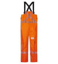 Orange high-visibility safety overalls with reflective strips, black suspenders, and multiple pockets, featuring FR ARC-Flash Rated protection and meeting PPE Category 3 standards are replaced by the Lac-Mac, Limited Overall, High-Visibility FR/ARC Rated, Canadian Markings, Regular, 706F-BU.