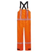 Bright orange high-visibility safety overalls with reflective stripes, designed with black shoulder straps and side pockets. These overalls feature the ORANGEGORE-TEX PYRAD technology for superior protection, ensuring they meet PPE Category 3 standards: Overall, High-Visibility FR/ARC Rated, Canadian Markings, Regular, 706F-BU by Lac-Mac, Limited.