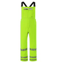 High-Visibility Yellow safety overalls with black straps and reflective strips on the legs, featuring Overall, High-Visibility, FR/ARC Rated, SAFE-T™ Style, Reflective Markings, Regular, 706FE from Lac-Mac, Limited for maximum safety.