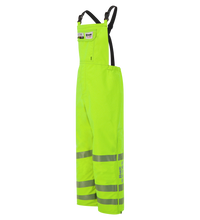 Bright yellow Overall, High-Visibility, FR/ARC Rated, SAFE-T™ Style, Reflective Markings, Regular, 706FE with black straps, featuring reflective stripes on the legs and made from durable Gore-Tex Pyrad Fabric for ultimate protection by Lac-Mac, Limited.