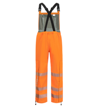 Back view of Lac-Mac, Limited Overall, High-Visibility, FR/ARC Rated, SAFE-T™ Style, Reflective Markings, Regular, 706FE with black adjustable suspenders and multiple pockets.