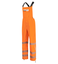 High-visibility orange coverall pants with reflective stripes, black shoulder straps, and patches and logos on the chest area, featuring Lac-Mac, Limited Overall, High-Visibility, FR/ARC Rated, SAFE-T™ Style, Reflective Markings, Regular, 706FE.