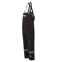 Dark-colored Switch Suit Overall, 40 Cal. ARC Rated, 706K with suspenders, hanging. These Lac-Mac, Limited PPE Category 4 overalls feature reflective strips, multiple pockets, and provide FR ARC-Flash Rated protection against hazardous environments.