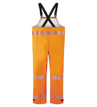 An orange pair of Multi-Haz Protective Overall, for flammable liquid chemical hazards, 706ZABH made from GORE-TEX PYRAD Fabric with reflective stripes and black adjustable straps by Lac-Mac, Limited.