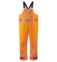 A high-visibility orange Multi-Haz Protective Overall, for flammable liquid chemical hazards, 706ZABH with reflective stripes, adjustable black shoulder straps, and Velcro straps at the ankles. Made from GORE-TEX PYRAD fabric for added protection against liquid chemical splashes. Brand: Lac-Mac, Limited