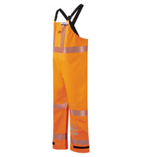 Bright orange high-visibility waterproof Multi-Haz Protective Overall, for flammable liquid chemical hazards, 706ZABH from Lac-Mac, Limited made from GORE-TEX PYRAD Fabric, featuring reflective strips and black adjustable shoulder straps for enhanced safety.