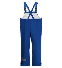 Blue waterproof Multi-Haz Protective Overall, for flammable liquid chemical hazards, 706ZA with adjustable shoulder straps and reinforced knee patches, crafted from FR ARC-Flash Rated GORE-TEX PYRAD Fabric by Lac-Mac, Limited, on a white background.