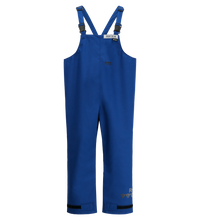 A pair of Lac-Mac, Limited Multi-Haz Protective Overall, for flammable liquid chemical hazards, 706ZA in blue with adjustable shoulder straps and buckles, featuring a logo on the chest and made from GORE-TEX PYRAD Fabric.