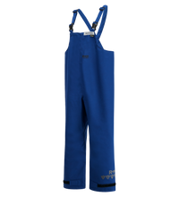 A pair of blue waterproof Multi-Haz Protective Overalls, for flammable liquid chemical hazards, 706ZA by Lac-Mac, Limited featuring adjustable straps, a front logo, reinforced knees, and crafted from GORE-TEX PYRAD Fabric for added protection.