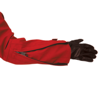 A person wearing a Lac-Mac, Limited Chemical Splash Protective Jacket, double sleeve, for non-flammable liquid chemical hazards, 707A-BA with a red sleeve and a black glove extends their arm against a white background.