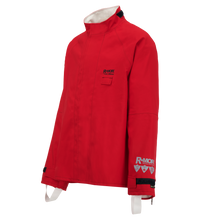 Red waterproof sailing jacket made from NFPA 1990 Certified Material with a high collar, front chest pocket, and white logo on the chest and sleeve. This Lac-Mac, Limited Chemical Splash Protective Jacket, double sleeve, for non-flammable liquid chemical hazards, 707A-BA features adjustable cuffs and multiple patches on the sleeve for enhanced performance.