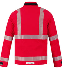 Back view of a red high-visibility Chemical Splash Protective Jacket with US Reflective Markings, for non-flammable liquid chemical hazards, 707A-BH featuring reflective strips on the shoulders and waistband, crafted with durable GORE-TEX Fabric from Lac-Mac, Limited.