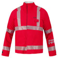 Red safety jacket with reflective silver stripes on the chest, arms, and back, featuring a high collar and a chest pocket with a flap. Made from durable GORE-TEX fabric, this Chemical Splash Protective Jacket with US Reflective Markings, for non-flammable liquid chemical hazards, 707A-BH is NFPA 1990 certified. Lac-Mac, Limited brand logo visible on the left chest and upper left sleeve.