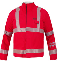 Red safety jacket with reflective silver stripes on the chest, arms, and back, featuring a high collar and a chest pocket with a flap. Made from durable GORE-TEX fabric, this Chemical Splash Protective Jacket with US Reflective Markings, for non-flammable liquid chemical hazards, 707A-BH is NFPA 1990 certified. Lac-Mac, Limited brand logo visible on the left chest and upper left sleeve.