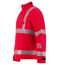 A long-sleeve red safety jacket with reflective strips on the body, arms, and shoulders, featuring Velcro straps on the cuffs and a zipper closure on the front. This Lac-Mac Limited Chemical Splash Protective Jacket with US Reflective Markings, for non-flammable liquid chemical hazards, 707A-BH is crafted from durable GORE-TEX fabric for maximum protection.