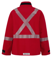 A red Chemical Splash Protective Jacket with Canadian Reflective Markings, for non-flammable liquid chemical hazards, 707A-BJ made from GORE-TEX Chemical Splash Fabric, featuring reflective silver bands forming an X across the back and horizontal stripes around the sleeves. It's NFPA 1990 Certified for enhanced safety.