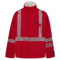 A red Chemical Splash Protective Jacket with Canadian Reflective Markings, for non-flammable liquid chemical hazards, 707A-BJ with reflective stripes and "Lac-Mac, Limited" branding on the chest and sleeve. Featuring GORE-TEX Chemical Splash Fabric, the jacket has a high collar, multiple flap pockets, and is NFPA 1990 Certified.