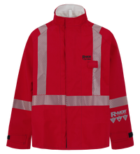 A red Chemical Splash Protective Jacket with Canadian Reflective Markings, for non-flammable liquid chemical hazards, 707A-BJ with reflective stripes and "Lac-Mac, Limited" branding on the chest and sleeve. Featuring GORE-TEX Chemical Splash Fabric, the jacket has a high collar, multiple flap pockets, and is NFPA 1990 Certified.