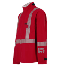 A red Chemical Splash Protective Jacket with Canadian Reflective Markings, for non-flammable liquid chemical hazards, 707A-BJ with reflective strips, high collar, and Velcro closures on the sleeves and chest, crafted from GORE-TEX Chemical Splash Fabric for enhanced protection by Lac-Mac, Limited.