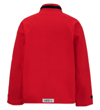 A long-sleeve red jacket with a black collar and black accents on the sleeve cuffs. Crafted from GORE-TEX Chemical Splash Fabric, it ensures safety and style. The back features a barcode label near the bottom hem. This is the Chemical Splash Protective Jacket, for non-flammable liquid chemical hazards, 707A by Lac-Mac, Limited.