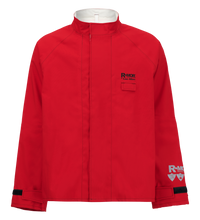 Red Lac-Mac, Limited Chemical Splash Protective Jacket, for non-flammable liquid chemical hazards, 707A with a high collar and black accents on the cuffs. Crafted from GORE-TEX Chemical Splash Fabric, it features the "R-MOR" logo printed in black on the left chest and left sleeve.