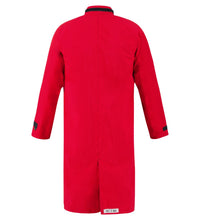 Back view of a long red *Chemical Splash Protective Duster Coat, for non-flammable liquid chemical hazards, 707D* with long sleeves and a black collar detail, made from GORE-TEX Chemical Splash Fabric by Lac-Mac, Limited.