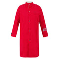 Red, long-sleeved, button-down Chemical Splash Protective Duster Coat, for non-flammable liquid chemical hazards, 707D with a stand-up collar, made from NFPA 1990 Certified Material by Lac-Mac, Limited featuring "R-MOR" and heart symbols on the left sleeve.