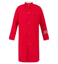 Red, long-sleeved, button-down Chemical Splash Protective Duster Coat, for non-flammable liquid chemical hazards, 707D with a stand-up collar, made from NFPA 1990 Certified Material by Lac-Mac, Limited featuring "R-MOR" and heart symbols on the left sleeve.