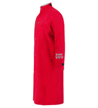 Side view of a long-sleeve red Chemical Splash Protective Duster Coat, for non-flammable liquid chemical hazards, 707D, made with GORE-TEX Chemical Splash Fabric, featuring snap buttons and an embroidered logo on the arm. Produced by Lac-Mac, Limited.