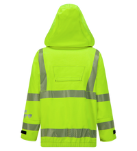 A bright yellow-green high-visibility jacket with reflective silver stripes on the back and sleeves, featuring a hood, a rectangular patch on the rear, and crafted with Gore-Tex Pyrad for enhanced durability is called "Jacket, High-Visibility FR/ARC Rated, US Markings, Regular, 707F-EZ" by Lac-Mac, Limited.