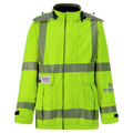 A Lac-Mac, Limited Jacket, High-Visibility FR/ARC Rated, US Markings, Regular, 707F-EZ with reflective gray stripes, front zipper, adjustable cuffs, and several pockets. The PPE Category 3 jacket also features multiple logos on the left chest.