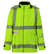 A Lac-Mac, Limited Jacket, High-Visibility FR/ARC Rated, US Markings, Regular, 707F-EZ with reflective gray stripes, front zipper, adjustable cuffs, and several pockets. The PPE Category 3 jacket also features multiple logos on the left chest.