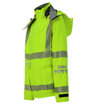 High-visibility neon yellow jacket with silver reflective stripes and a detachable hood. This PPE Category 3, arc-flash rated jacket features multiple pockets and the word "Lac-Mac, Limited" along with triangular symbols on the sleeve. The product name is Jacket, High-Visibility FR/ARC Rated, US Markings, Regular, 707F-EZ.