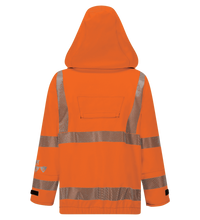 The image shows the back view of a Lac-Mac, Limited Jacket, High-Visibility FR/ARC Rated, US Markings, Regular, 707F-EZ with reflective strips and a hood. This jacket is also ANSI/ISEA 107 compliant.