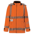 An orange high-visibility safety jacket with reflective stripes, featuring multiple pockets and adjustable cuffs, designed to be ANSI/ISEA 107 compliant has been replaced by the Jacket, High-Visibility FR/ARC Rated, US Markings, Regular, 707F-EZ from Lac-Mac, Limited.