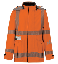 An orange high-visibility safety jacket with reflective stripes, featuring multiple pockets and adjustable cuffs, designed to be ANSI/ISEA 107 compliant has been replaced by the Jacket, High-Visibility FR/ARC Rated, US Markings, Regular, 707F-EZ from Lac-Mac, Limited.