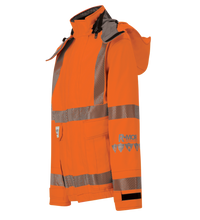 Orange and gray high-visibility safety jacket with reflective stripes, a hood, and is ANSI/ISEA 107 compliant has been replaced by Jacket, High-Visibility FR/ARC Rated, US Markings, Regular, 707F-EZ from Lac-Mac, Limited.