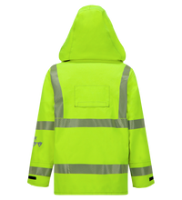 Back view of a bright yellow Lac-Mac, Limited Jacket, High-Visibility FR/ARC Rated, US Markings, Regular, 707F-FB made from GORE-TEX PYRAD Fabric, featuring reflective stripes and a hood.