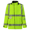 A high-visibility, neon yellow Jacket, High-Visibility FR/ARC Rated, US Markings, Regular, 707F-FB by Lac-Mac, Limited, crafted from GORE-TEX PYRAD Fabric with reflective silver stripes. It features a collar, front zipper, and various patches and logos on the chest and sleeves, ensuring both durability and protection.