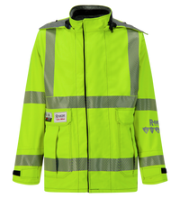 A high-visibility, neon yellow Jacket, High-Visibility FR/ARC Rated, US Markings, Regular, 707F-FB by Lac-Mac, Limited, crafted from GORE-TEX PYRAD Fabric with reflective silver stripes. It features a collar, front zipper, and various patches and logos on the chest and sleeves, ensuring both durability and protection.