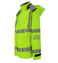 Bright yellow high-visibility jacket with reflective markings and a hood. The Lac-Mac, Limited Jacket, High-Visibility FR/ARC Rated, US Markings, Regular, 707F-FB features multiple pockets and has "R-MOR" printed on the left sleeve.