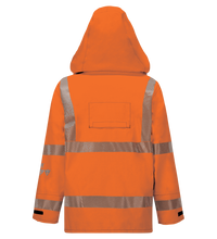 A high-visibility orange safety jacket made from Gore-Tex Pyrad material, featuring reflective silver stripes on the back and sleeves, a hood, and a rectangular pocket on the back has been replaced with Lac-Mac, Limited's Jacket, High-Visibility FR/ARC Rated, US Markings, Regular, 707F-FB.